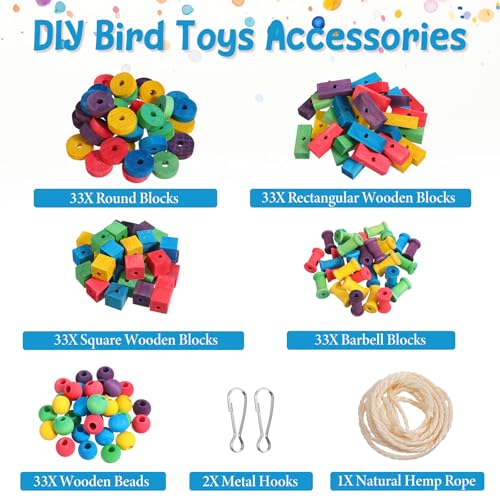 Bird Toys for Parrot, 165 Pcs Colorful DIY Wooden Blocks Craft | Cage Chewing Playing Training Toy for Cockatoos, Macaws, African Grey and Small Medium Parrots