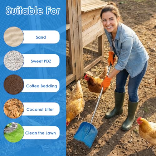 Thiswing Chicken Poop Scooper & Rake 2-in-1, Blue | Adjustable Handle Length, Features Manure Sifting Capability, Ideal for Chicken Coops and Farm Animal Cleaning - color: Blue