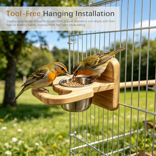 Bird Feeding Cup with Platform, Hanging Stainless Steel Parrot Feeding Bowl, Wooden Perch Stand, Bird Cage Food and Water Feeder for Parakeets, Cockatiels and Lovebirds