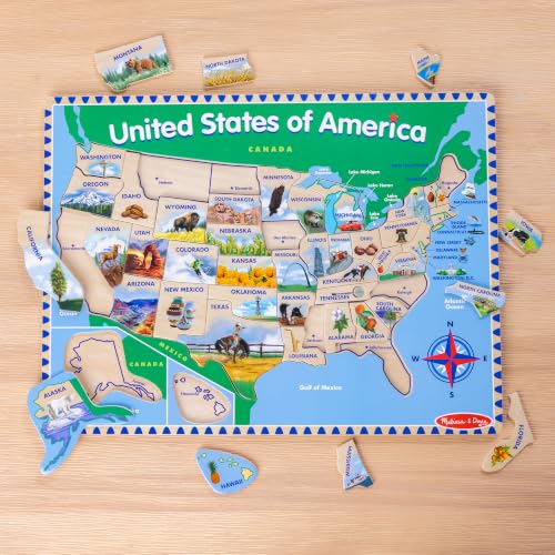 Melissa & Doug USA Map Wooden Puzzle (45 pcs) | 46 Piece Set, Wooden Puzzle Board With State Capitals, 45 State Pieces, Geography Learning Toys for Kids, Ages 5+