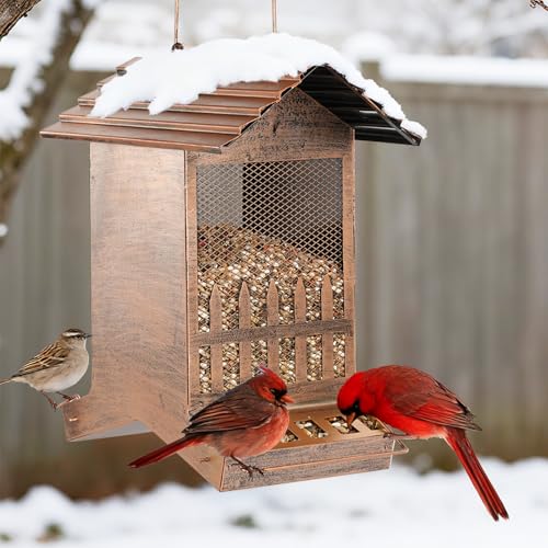 Large Bird Feeder, Extra Large 8 Lbs Capacity with 2-Side Feeding, Weatherproof Wasteproof Hanging Metal Bird Feeders for Outdoor, Easy to Clean & Refill