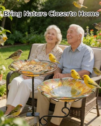 Glass Deck Mounted Bird Bath with Feeder for Balcony Yellow | Adjustable Clamp Fits Various Railings, 11" Bowl for Bird Lovers on Patios & Small Outdoor Spaces, Easy Setup, Great Gift