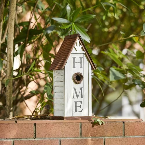 Glitzhome Decorative Bird Houses for Outdoors,14.75" H Distressed Bluebird House Solid Wood Hanging Bird House Home Inspiration Decorative Pet Cottage Outdoor Garden Birdhouse,Washed White - color: 14.75"H "HOME" Wash White