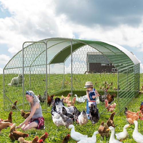 Large Metal Chicken Coop, Walk-in Poultry Cage, Large Chicken Run with Waterproof & Anti-UV Cover, Chicken Coop Run with Lockable Doors for Outdoor, 9.8 x 19.7 x 6.6FT - size: 9.8' W x 19.7' L x 6.6' H