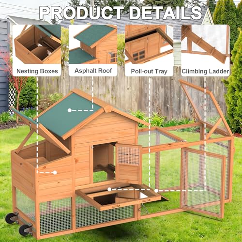 GOJOOASIS Portable Chicken Coop with Wheels & Handrail, Wooden Hen House | Outdoor 83” Predator-Proof Chicken Coop for 2-5 Chickens, Weatherproof Asphalt Top, Removable Tray, Ramp & Nesting Box