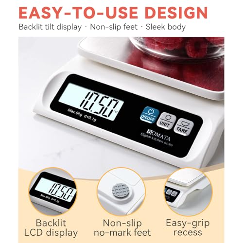 BOMATA 0.1g High Precision Digital Kitchen Food Scale, 13lb Gram Scale | Removable Pan, Stainless Steel Pan, Backlit LCD Display, Digital Scale for Cooking, Baking B621 White - color: White Non-rechargeable
