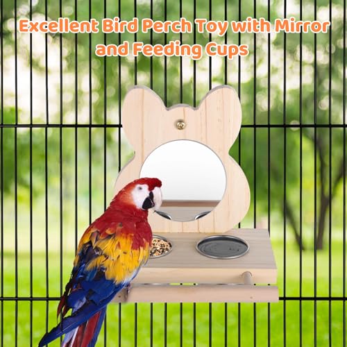 Wood Parrot Perch Mirror Feed Cups, Bird Cage Toy Small Medium Parrots | Dual food water feeding cups, sturdy wooden stand, fits budgie, parakeet, cockatiel, lovebird, african grey and macaw