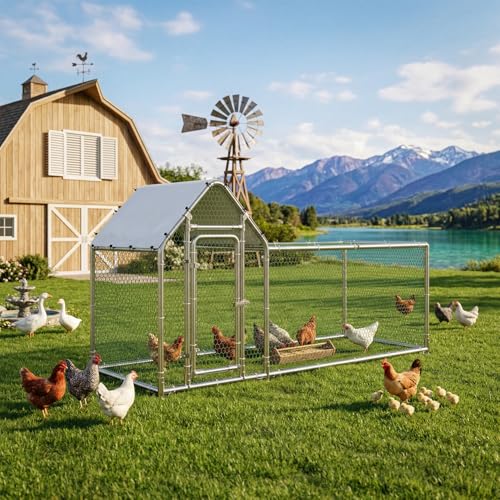 LEMBERI Small Metal Chicken Coop, Walk-in Chicken Run,Galvanized Wire Poultry Chicken Hen Pen Cage, Rabbits Duck Cages with Waterproof and Anti-Ultraviolet Cover for Outside,Backyard and Farm - size: 118"L x 39.5"W x 59"H