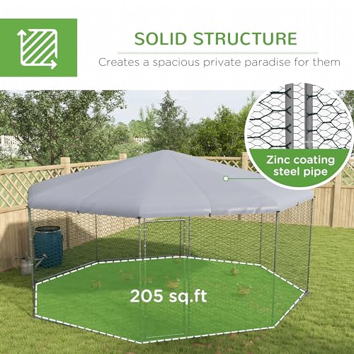 PawHut Large Chicken Coop Polygon Shaped Walk in Fence Cage 17.1'x15.7'x9' | Metal Chicken Run with Waterproof and Anti-UV Cover, Hen House for Outdoor and Yard Farm Use, 1" Dia