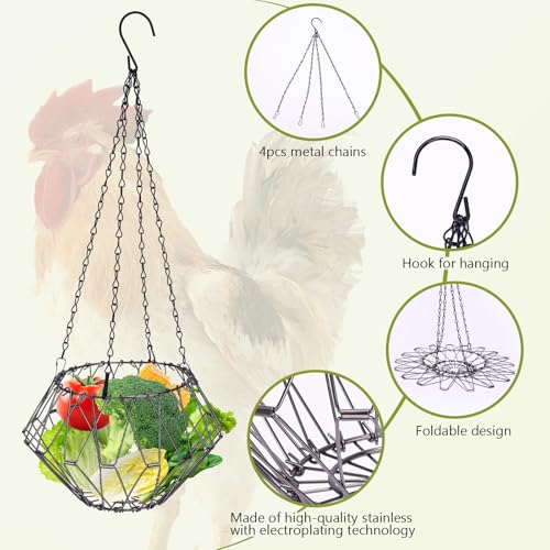 Hanging Chicken Feeder 6.5in, Foldable Poultry Treat Dispenser Ball | Chicken Enrichment Toys With 17in Hanging Chain, Poultry Feeding Equipment Rat Proof for Chicken/ Hens/ Duck/ Rabbits Coop - size: 1 Pack