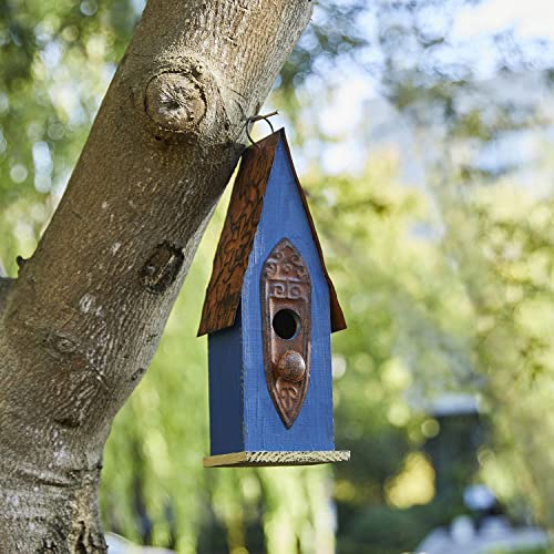 Glitzhome Bird Houses for Outside, Hanging Bird House for Outdoors, 13.25" H Retro Blue Distressed Solid Wood Pet Cottage Garden Decorative Birdhouse for Swallow Sparrow Finch Cardinals - color: Blue