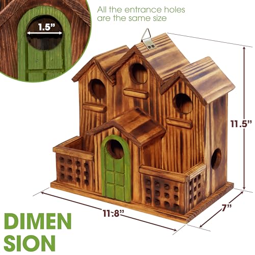 MIXUMON Bird House Outdoor with Feeder, 6-Room Wooden Birdhouse for Outdoors & Outside, Carbonized Pine Wood Bird Houses with 1.57” Entrance & Easy Clean-Out Doors (Green Door) - color: Green Door