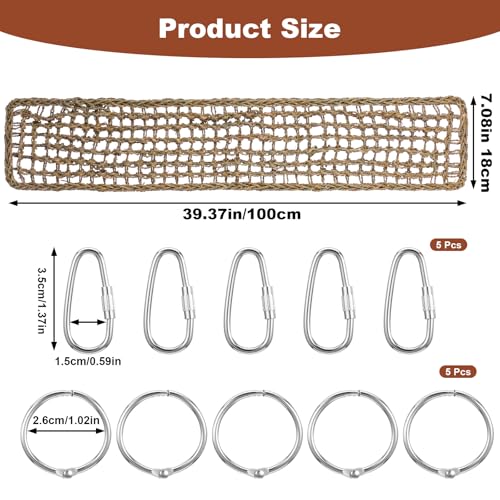 39.34 x 7.08 Inch Large Seagrass Mat for Birds with 5 Hooks, Bird Cage Accessories, Natural Grass Woven Bird Net Hammock Mat, Climbing Rope Ladder Chew Toys