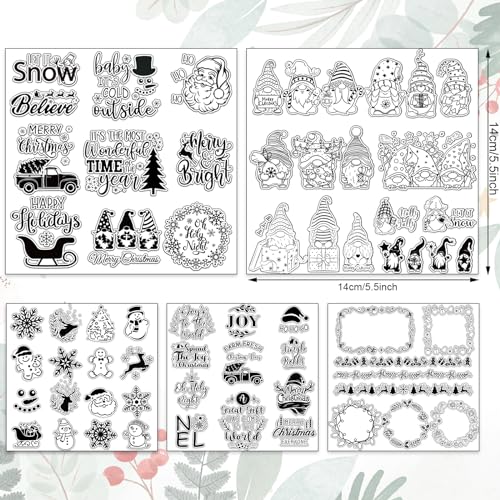 Whaline 5 Sheet Christmas Clear Stamps Wreath Snowman Gnome Silicone Transparent Stamps Greeting Words Border Stamp Cards for DIY Craft Card Making Scrapbooking Embossing Album Decor - style: Christmas
