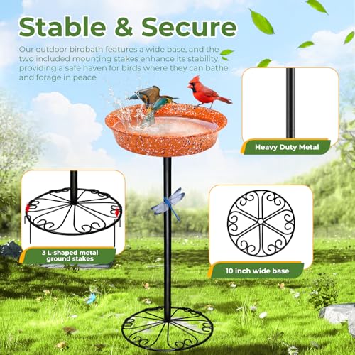 Freestanding Birdbath for Outside 25'' Height Outdoor Pedestal Birdbath & Bird Feeder Rust-Proof Tall Bird Bath for Outdoor Garden Patio Backyard Lawn Gift for Bird Lover (Orange) - color: Orange