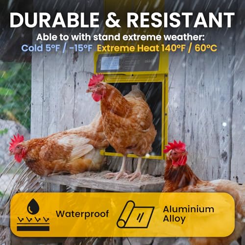 Okkobi Automatic Chicken Coop Door Solar Powered - LCD Display - Chicken Coop Door with Remote Control, Light Sensor & Timer - Security & Peace of Mind: Anti-Pinch Function - 5-Year Protection - color: Yellow