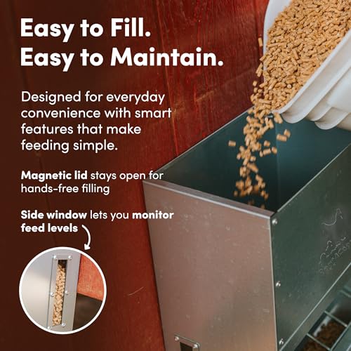 RentACoop 25lb Gravity-Fed Metal Trough Feeder with Lid & Rain Cover - size: 25LB Capacity