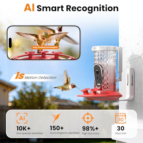 Smart Hummingbird Feeder Camera with AI Identification | AI Identification, 2.5K HD & Color Night Vision, Attract Hummingbirds, Solar Powered Outdoor, IP66 Weatherproof, Garden Decor
