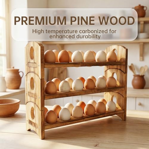 Wooden Egg Holder, 3 Tier 36 Egg Capacity, Farmhouse Egg Holder for Countertop, Stackable Egg Storage Rack for Fresh Eggs, Rustic Wooden Egg Organizer with Handles for Kitchen Counter