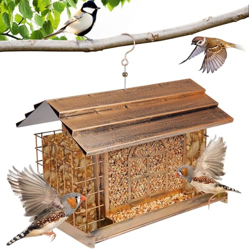 Bird Feeder for Outdoors, Metal Bird Feeder Hanging, 3.8LB Large Capacity with Double Suet Cages, Rainproof Roof, Attracts Cardinals, Finches, Blue Jays, for Backyard & Garden