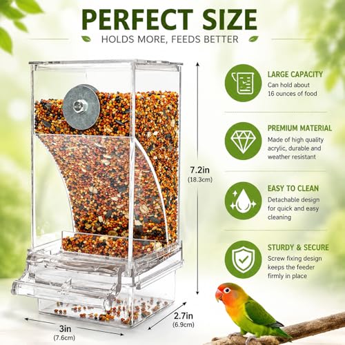 Rypet No-Mess Automatic Bird Feeder, Parakeet Cage Accessories | Transparent Acrylic Food Level Check, Helps Reduce Seed Scatter, for Small Birds Cockatiel Parrot Canary - color: Transparent
