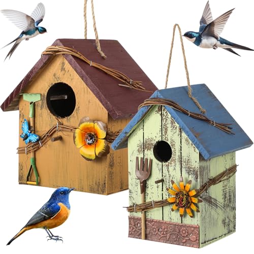 DoubleFill 2 Pcs Birdhouses for Outdoor Hanging Yard Outside Wooden Birdhouse Hand Painted Bird Box for Bird Lovers Bluebird Tree Garden Decor Decorative Birdhouse(Blue,Yellow,Wooden Roof) - color: Blue,Yellow, size: Wooden Roof