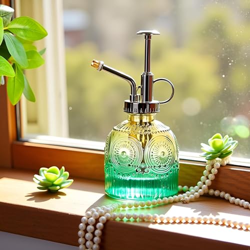 Glass Plant Mister Spray Bottle, 230ML Vintage Plant Spritzer, Succulent Watering Bottle Glass with Top Pump, Small Plants Sprayer Watering Can for Indoor Outdoor House - color: Brown Green Gradient Color Color