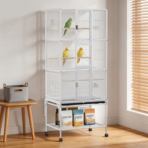 69 inches Bird Cage with Dust Cover, Birdcages with Rolling Wheels | Large Bird Cages for Cockatiels Quaker Conure Parakeet Lovebird Finch Canary Small Medium Parrot Cage Birdcage,White - color: White