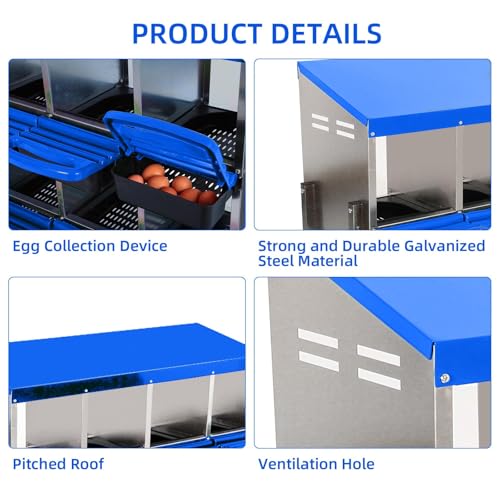 GarveeHome 2-Tier Chicken Nesting Box, 8 Compartment Metal Chicken Laying Boxes with Waterproof Roof ＆ Removable Trays for Hens, Poultry，Easy Egg Collection - color: Blue, size: 8 holes
