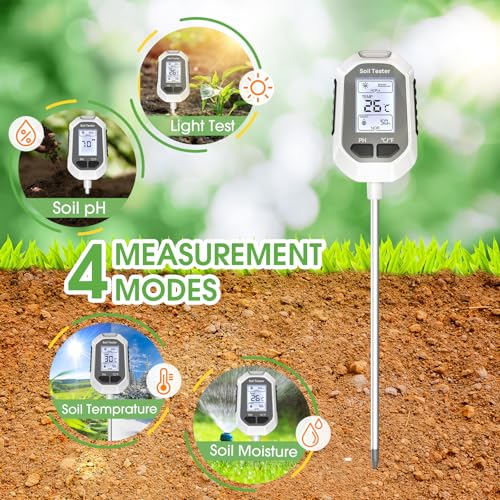 YAMRON 4-in-1 Soil Moisture Meter Digital Plant Temperature/Soil Moisture/pH Meter/Sunlight Intensity Backlight LCD Display Soil Test Meter for Gardening, Farming and Outdoor Plants