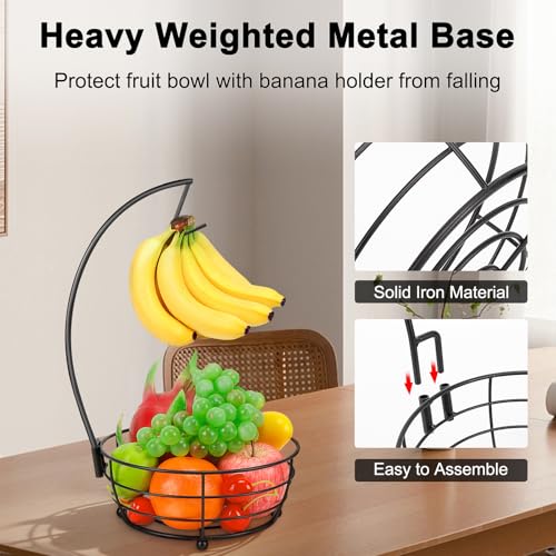 Livabber Countertop Fruit Basket Bowl with Banana Hanger, Modern Standing Fruit Vegetable Bowl Storage, with Banana Tree Holder for Kitchen Dinning Table (Round Metal, Black) - color: Black, style: Round Metal