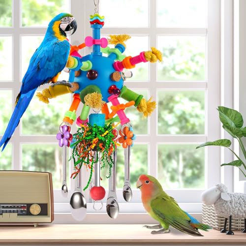 Parrot Toys Bird Toys Perch Pullable Stainless Steel Spoons Colorful Acrylic Stick Chew Toys for Amazons Mini Macaws African Greys Cockatoos Conures, Cockatiels, Lovebirds, Parrotlets and Other (blue) - color: blue