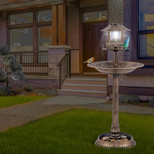 BECOMFORT Solar Bird Bath, Vintage Pedestal Birdbath with Solar Powered Lamp, Bird Feeder, Flower Planter Base & 3 Ground Stakes, Plastic Bird Bath for Outside, Garden, Yard & Outdoor (Bronze) - color: Bronze
