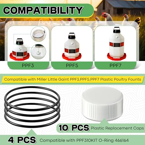 Poultry Fountain Renewal Waterer Part, 10 Replacement Cap,4 O Ring,White | Compatible with Miller PPF3/PPF5/PPF7, Compatible with Farm-Tuff 3/5/7 Gallon Poultry Founts - color: White