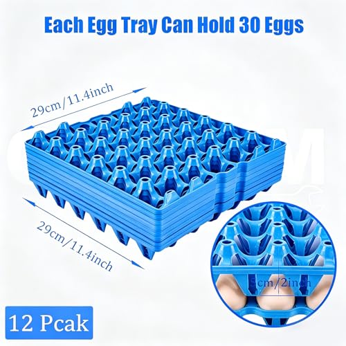 12 Pack Plastic Egg Tray 30 Cell Egg Crates Egg Flats Stackable Egg Carton for Home, Chicken Farmers, Storing, Sorting, and Shipping Eggs, Holds Multiple Eggs (Blue)