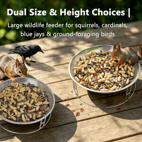 Ground Bird Feeder & Bath Station Set, Dual Size Stainless Steel Feeding Platform for Wild Birds, Squirrels, with Additional Bird Seed Mesh Trays, Outdoor Backyard Multi-Purpose Hanging Feeder - color: bird feeder & bath set