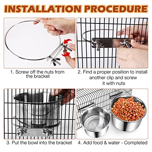 Crate Food and Water Bowl, ShineMe 2 Pack Stainless Steel Hanging Pet Bowls for Crates Kennels Cages, Metal Dog Crate Bowls Hanging No Spill for Medium and Large Pets (7.1 * 3.5” & 5.5 * 3.2”) - color: Silver (60oz+30oz)