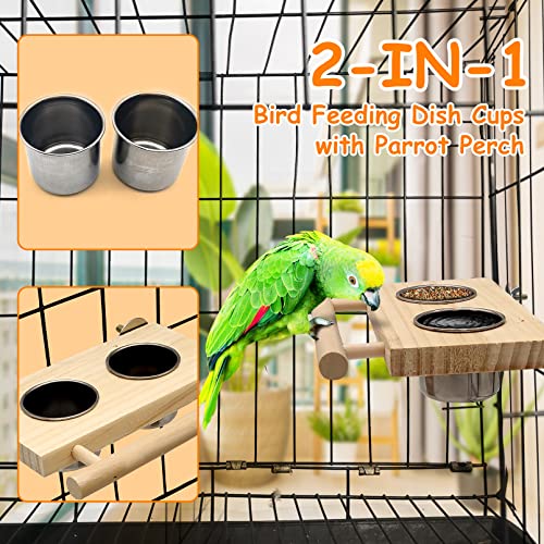 Tfwadmx Bird Food Stainless Steel Cups Wooden Perch Stand Hanging Feeder Bowls Feeding and Watering Supplies for Parakeets Conures Cockatiels Budgie Parrot - size: 8’’x 5’’