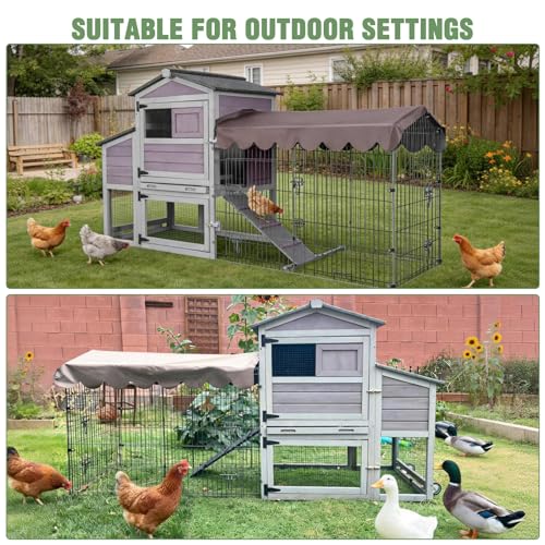 Large Mobile Chicken Coop with Run, 79" Outdoor Wooden Poultry Cage on Wheels, All-Steel Frame Hen House, Waterproof Roof, Nesting Box, for 4-6 Chickens - color: Grey (AIR7008)