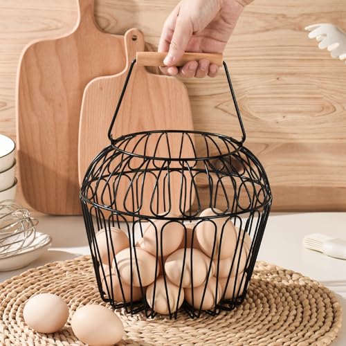 Farmhouse Egg Baskets for Gathering Fresh Egg With Handle, Round Metal Chicken Basket Collecting Fresh Egg Holder for Countertop Kitchen