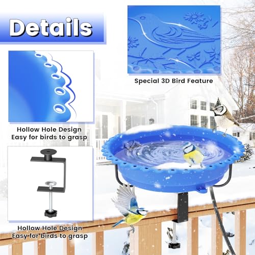 Heated Bird Bath for Outdoors,Deck Railing Heated BirdBaths,Blue | Upgraded 100W,Thermostatically Controlled,Adjustable Clamp 3.2",Easy Clean/Install,Detachable Bowl,Garden Yard Patio Lawn - color: Blue