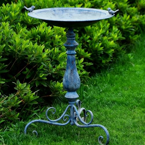 Newtay 27.25" Ornate Metal Pedestal Style Birdbath with Cast Iron Vintage Birds Baths for Outdoors on Rim Full Base Standing Bird Bath Tray for Garden Yard Decoration Not Easy to Rust (Blue) - color: Blue