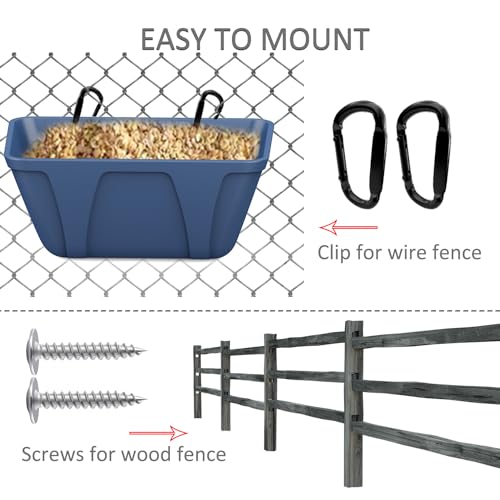 mozoba Hanging Chicken Feeder Trough for Goat Sheep Deer Poultry Duck Chicken Fence Feeder Livestock Feeding Container Goats Supplies Feeders Waterer Bucket (Black and Blue) - color: Black and Blue