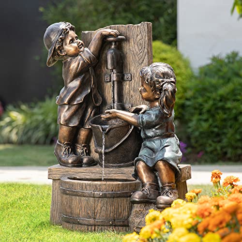 Glitzhome Outdoor Water Fountain with LED Light, Children Playing with Faucet Waterfall Fountains, Antique Bronze Resin Boy and Girl Statue Outdoor Waterfall Fountain for Patio Backyard Garden, 25”H - color: Children