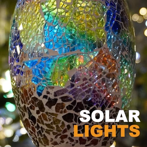 Bird Feeder for Outdoor Hanging Stained Glass Solar Light, Gold | Waterproof Lantern Shape Mosaic Glass with Hook, Garden Decor Unique Gifts for Mom, Women, Grandma, Bird Lovers