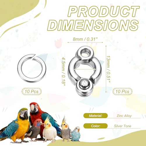 Bird Foot Rings, Parrot Metal Leg Ring Outdoor Fly Training Activity Opening Clip Accessories 4.5mm/0.18" ID, (Silver Tone, 10 Set), Intended for Small Medium Large Birds - size: 4.5mm/0.18" ID