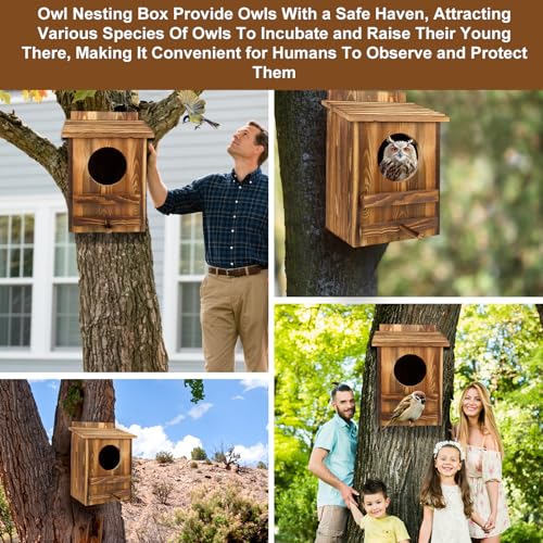 Owl Houses for Outdoors， 16.1x11.8x9.5 inch Large Carbonized Barred Owl Nesting Box, Waterproof & Ventilated Design, Ideal for Owls, Wildlife, Garden Decoration