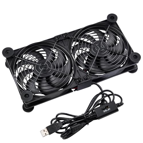 Quiet Dual 120mm Router Fan Cooler with L/M/H 3-Degree Speed Controller, DC 5V USB Powered Cooling Case Fan for Router Modem Receiver DVR PlayStation TV Box - size: Dual 120mm