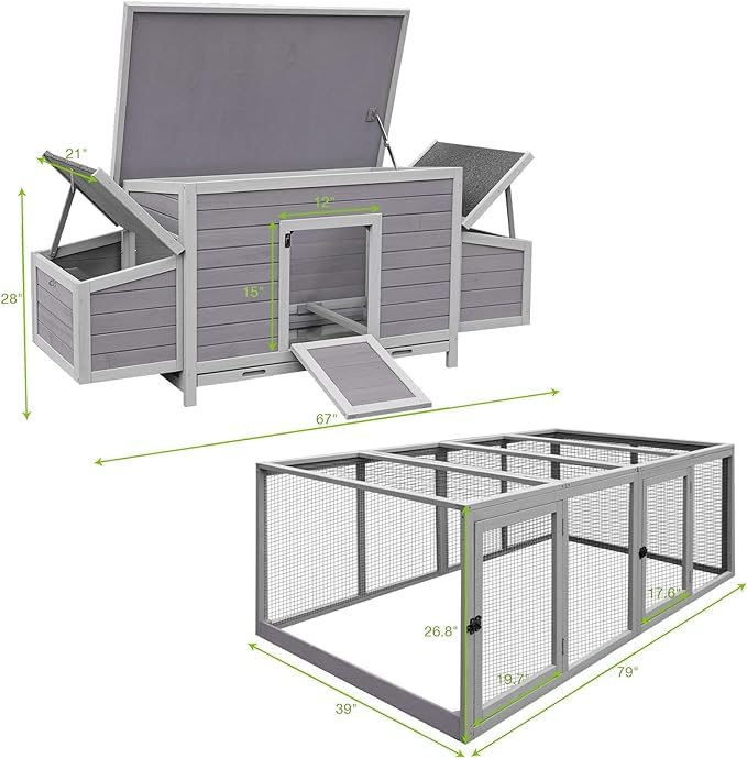 GUTINNEEN 103 in Large Chicken Coop and Run, Outdoor Wooden Chicken House for 4-6 Chickens, Hen House Poultry Cage with Nest Box, Grey - size: 103"L x 39"W x 26.8"H