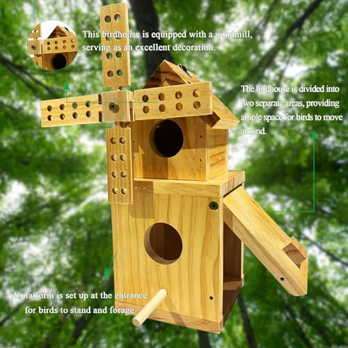 Wood Bird House, Hanging Windmill Bird Houses for Outside, Cedar Birdhouse Outdoors for Robin Budgie Swallow Little Sparrow Finch Throstle, Bluebird Houses for Outside, Assembly Required